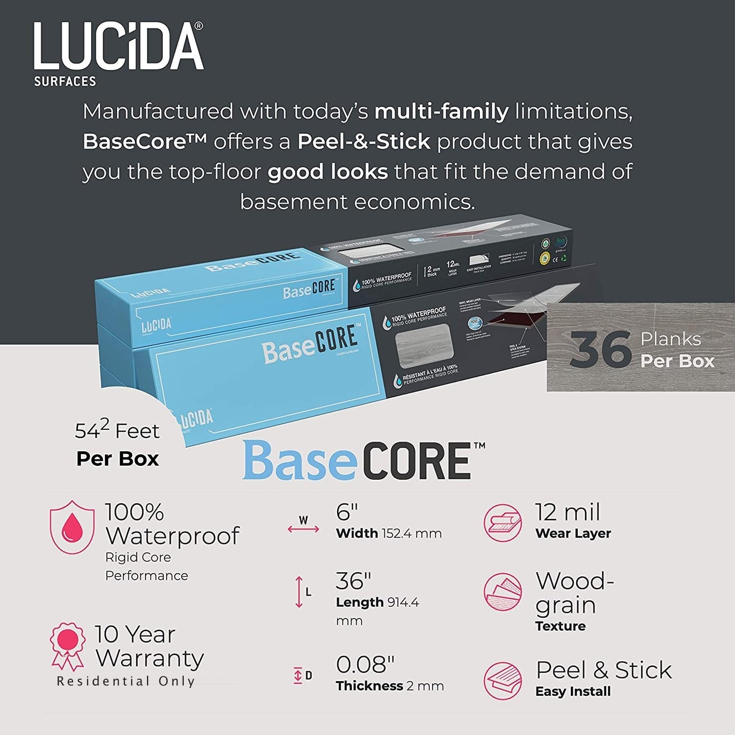 Lucida USA BaseCore Smoked 6-in W x 36-in L x 2-mm Waterproof Peel-and-Stick Luxury Vinyl Plank Flooring, 12-mil Wear Layer, 54-sq ft Carton