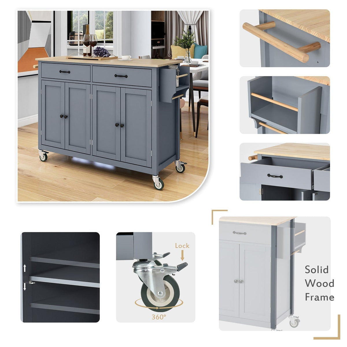SINOFURN Gray Mdf Base with Wood Top Rolling Kitchen Cart (18.5-in x 54.33-in x 36.22-in)