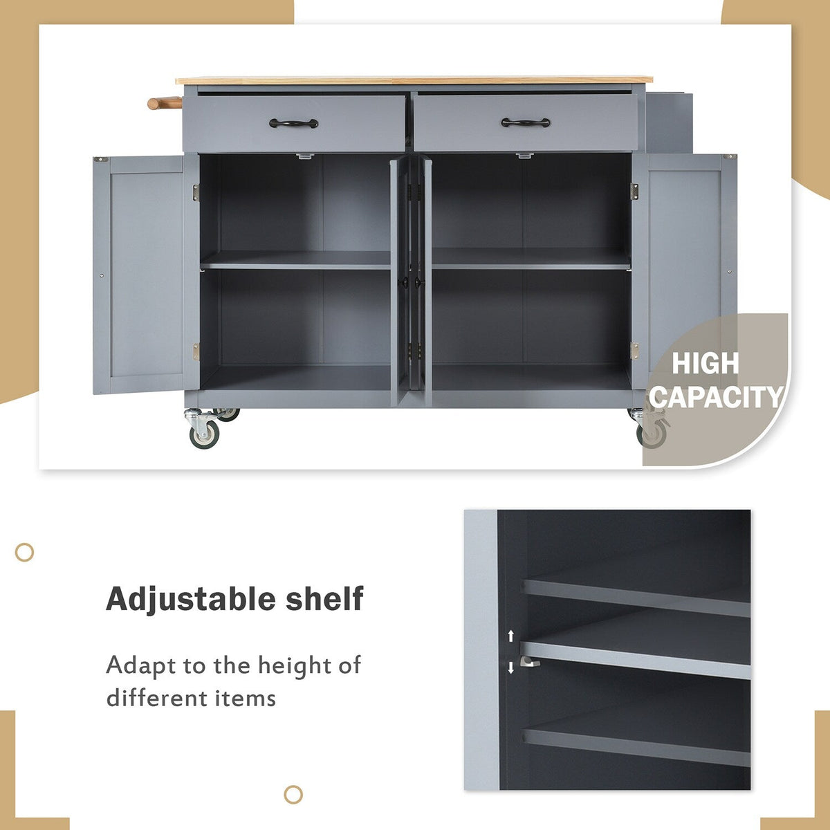 SINOFURN Gray Mdf Base with Wood Top Rolling Kitchen Cart (18.5-in x 54.33-in x 36.22-in)