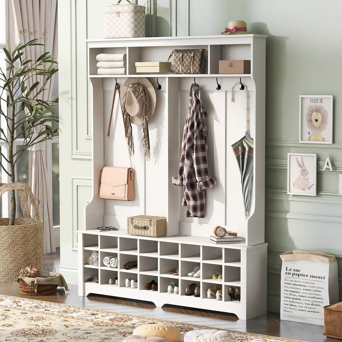 SINOFURN Hall Tree Entryway Bench with Shelves Cabinet