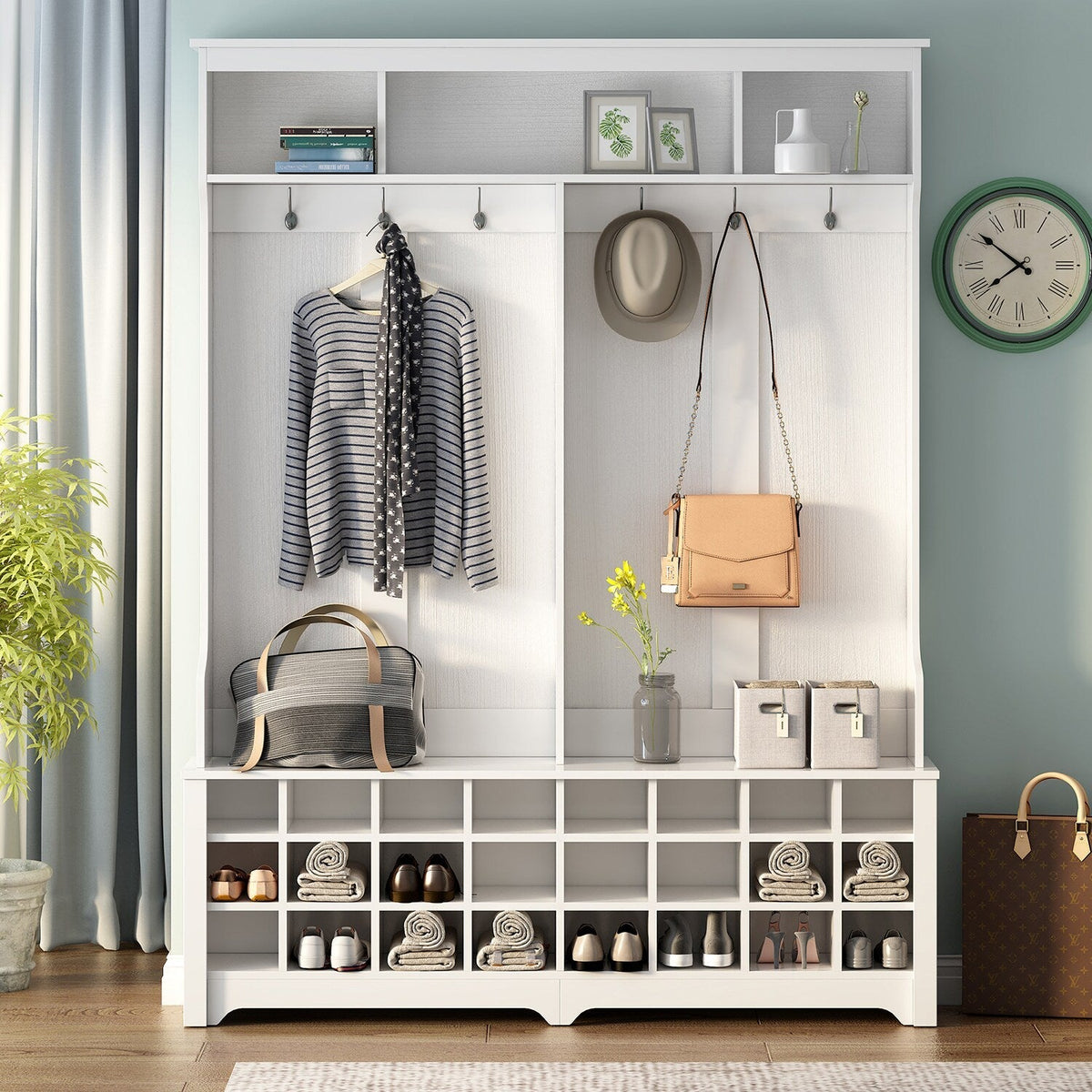 SINOFURN Hall Tree Entryway Bench with Shelves Cabinet