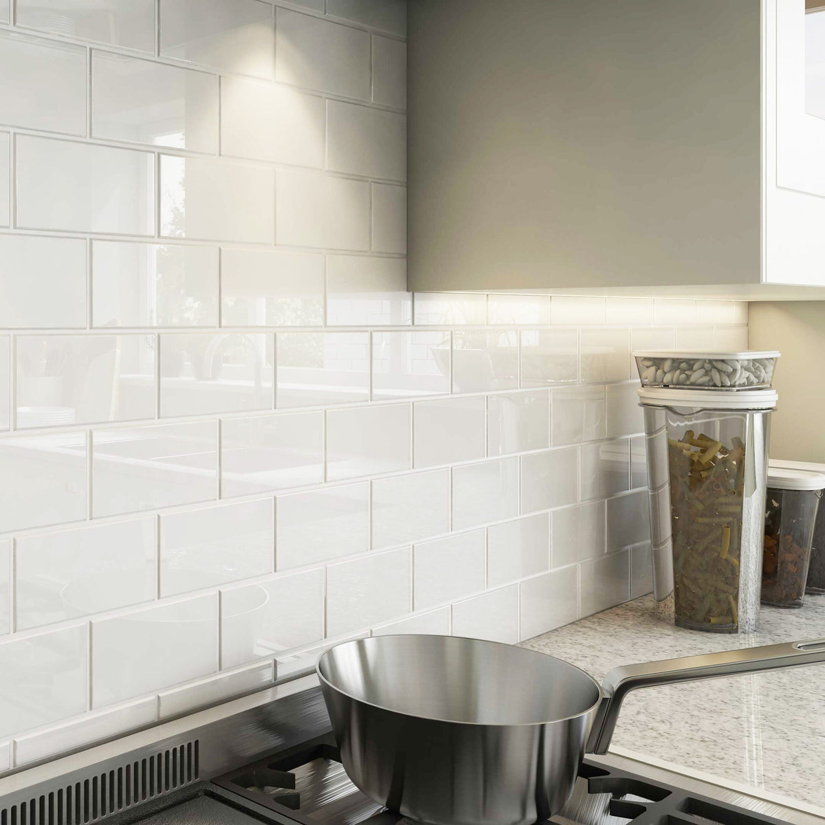 Giorbello (Sample) 3x6 glass subway tiles Bright White 3-in x 6-in Glossy Glass Brick Subway Wall Tile