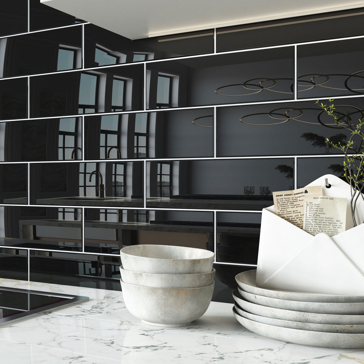 Giorbello (Sample) 4x12 glass subway tiles Black 4-in x 12-in Glossy Glass Brick Subway Wall Tile