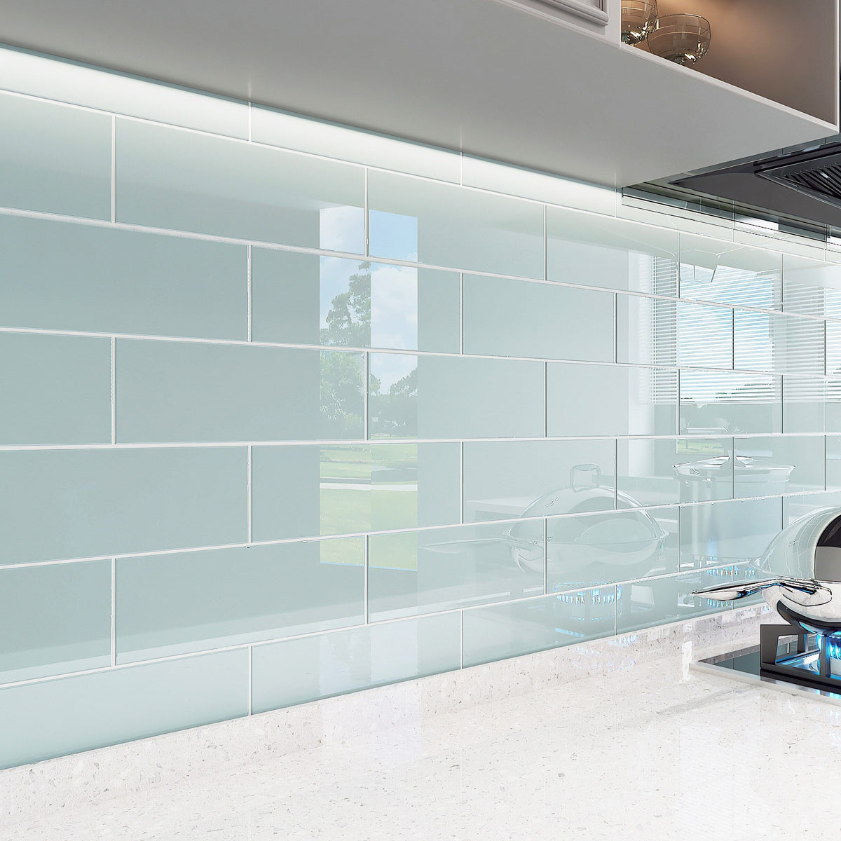 Giorbello Classic Premium Baby Blue 4-in x 12-in Glossy Glass Subway Wall Tile (5-sq. ft/ Carton)