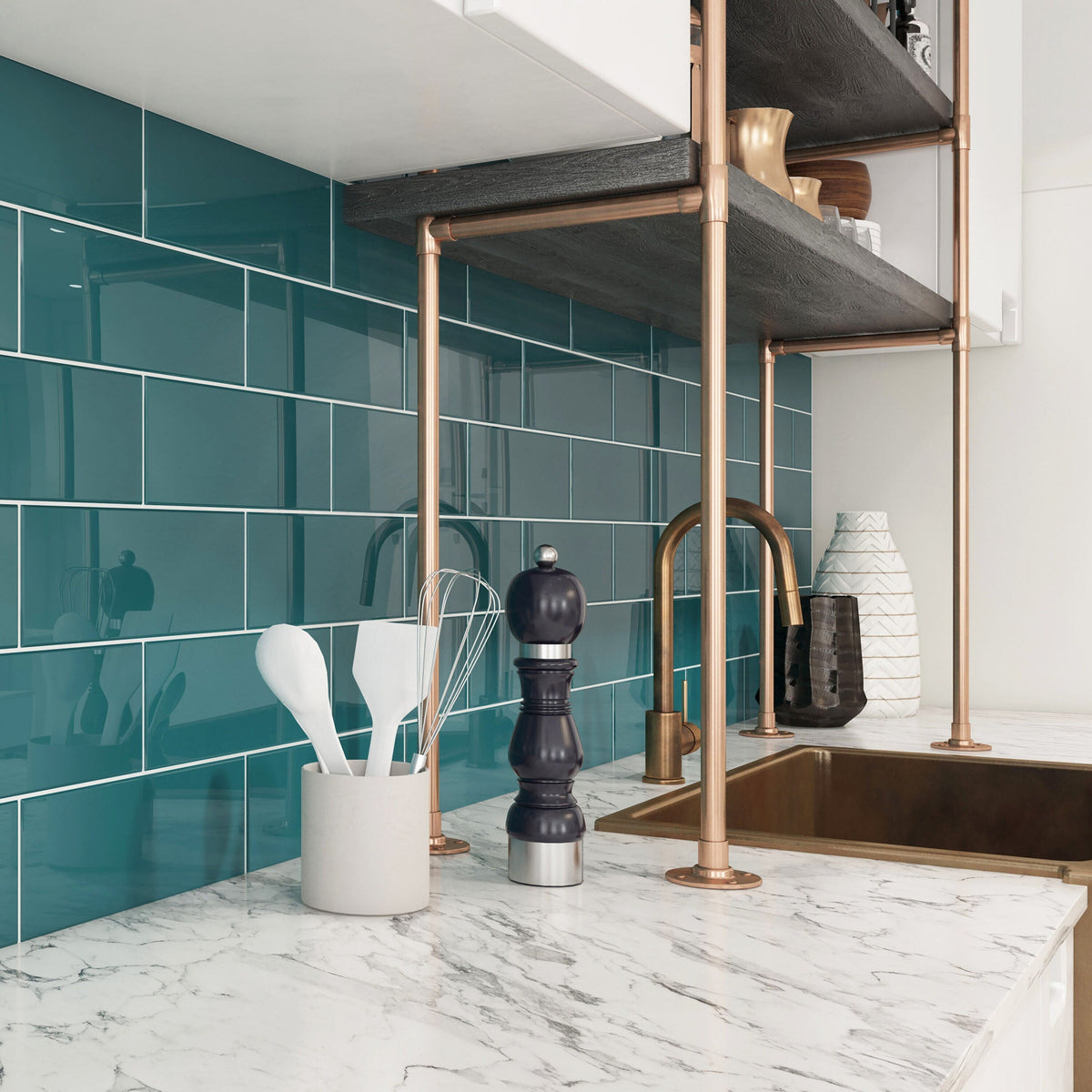 Giorbello Classic Premium Dark Teal 4-in x 12-in Glossy Glass Subway Wall Tile (5-sq. ft/ Carton)