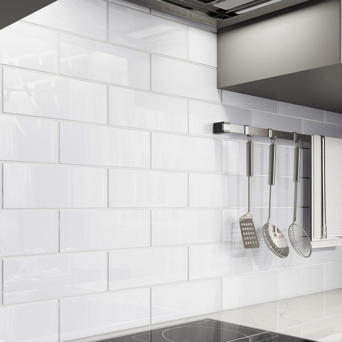 Giorbello (Sample) 4x12 Glass Subway Tiles Bright White 4-in x 12-in Glossy Glass Brick Subway Wall Tile