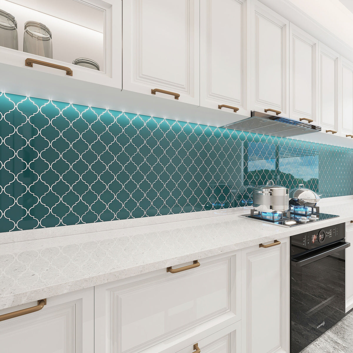 Giorbello (Sample) Glass arabesque tiles Dark Teal 4-in x 4-in Glossy Glass Lantern Subway Wall Tile