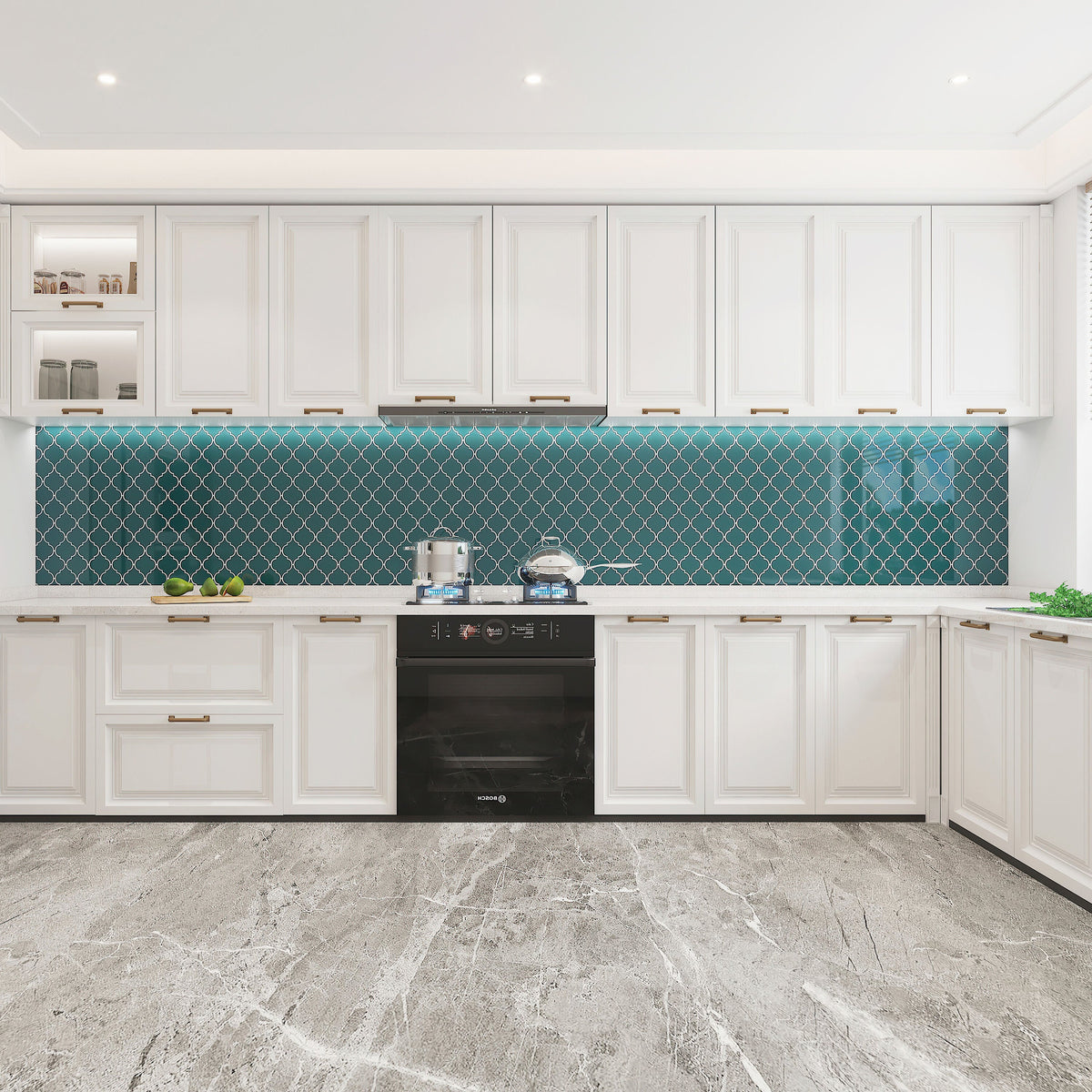 Giorbello (Sample) Glass arabesque tiles Dark Teal 4-in x 4-in Glossy Glass Lantern Subway Wall Tile