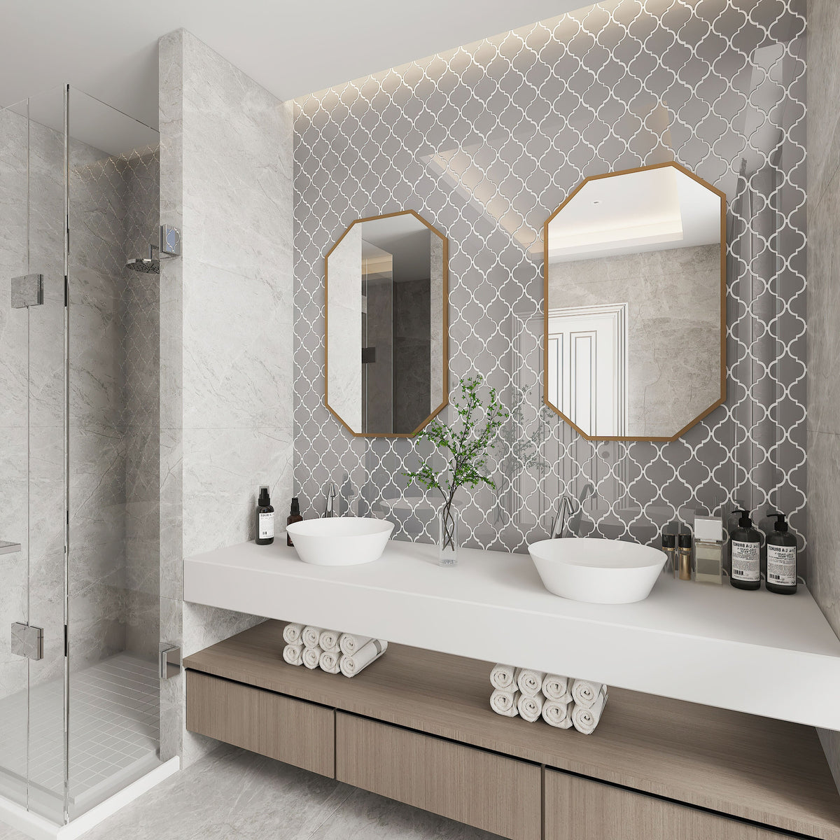 Giorbello Arabesque Mosaic True Gray 4-in x 4-in Glossy Glass Wall Tile (7.89-sq. ft/ Carton)