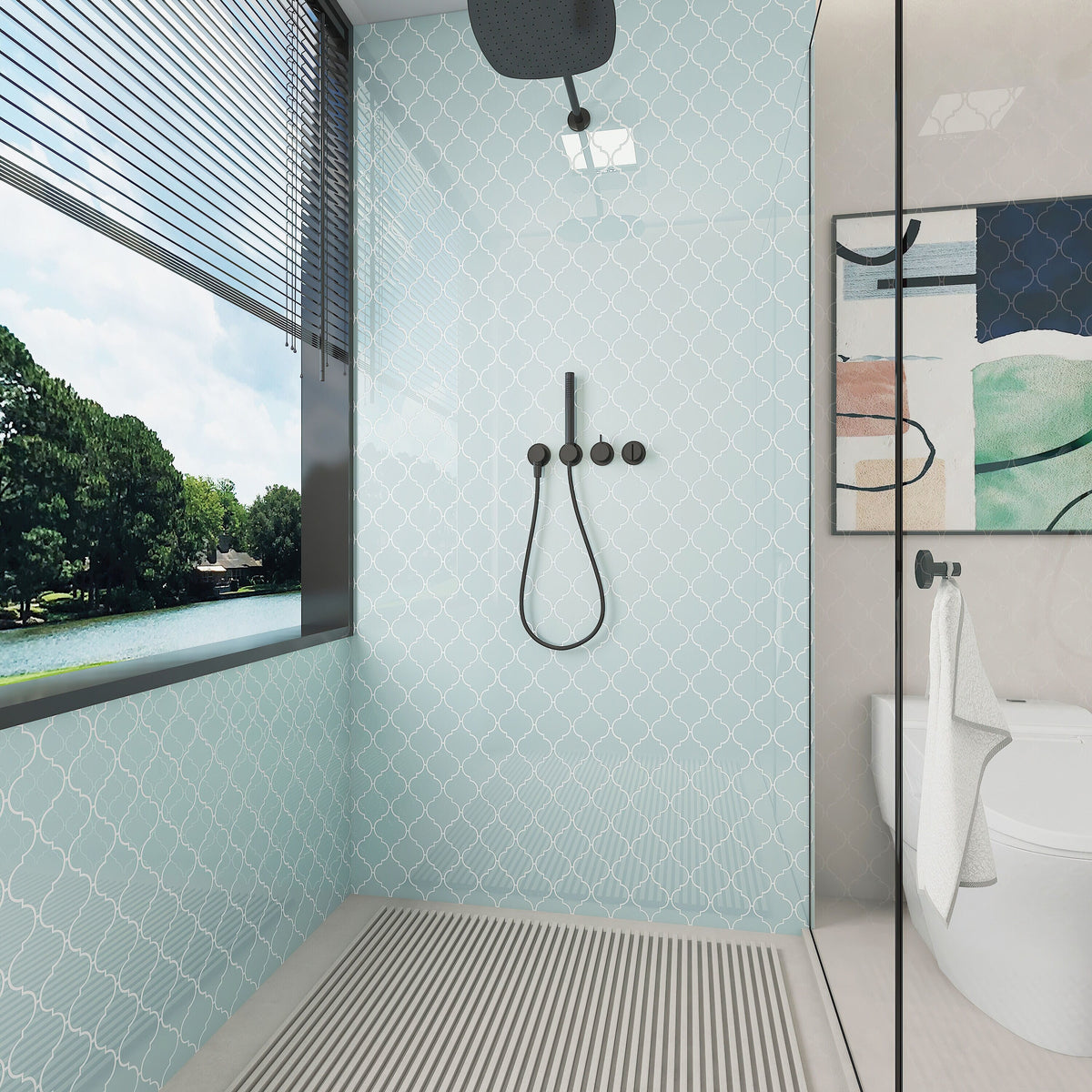 Giorbello (Sample) Glass Arabesque Tiles Baby Blue 4-in x 4-in Glossy Glass Lantern Subway Wall Tile