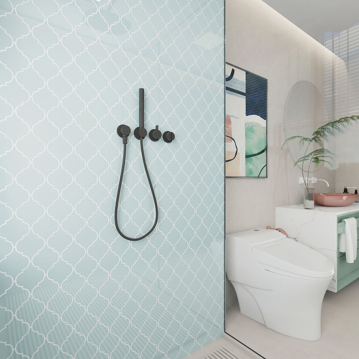 Giorbello (Sample) Glass Arabesque Tiles Baby Blue 4-in x 4-in Glossy Glass Lantern Subway Wall Tile