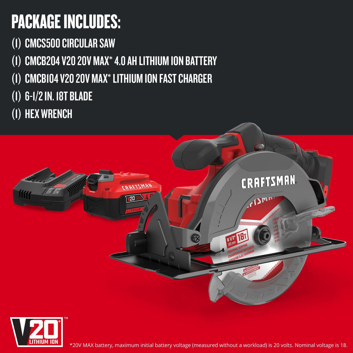 CRAFTSMAN V20 20-Volt Max 6-1/2-in Cordless Circular Saw with Brake and Metal Shoe, Kit with Battery & Charger