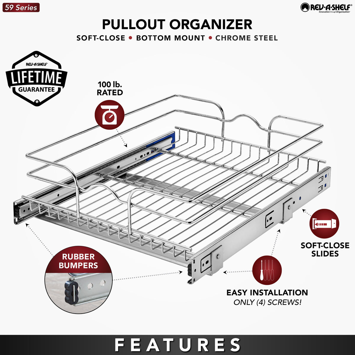 Rev-A-Shelf 17.5-in W x 6-in H x 22-in D Single-Tier Soft-Close Pull-Out Metal Basket, Chrome