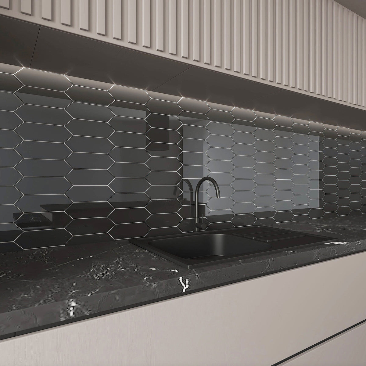 Giorbello Picket Hexagon Black 3-in x 9-in Glossy Glass Subway Wall Tile (5.8-sq. ft/ Carton)