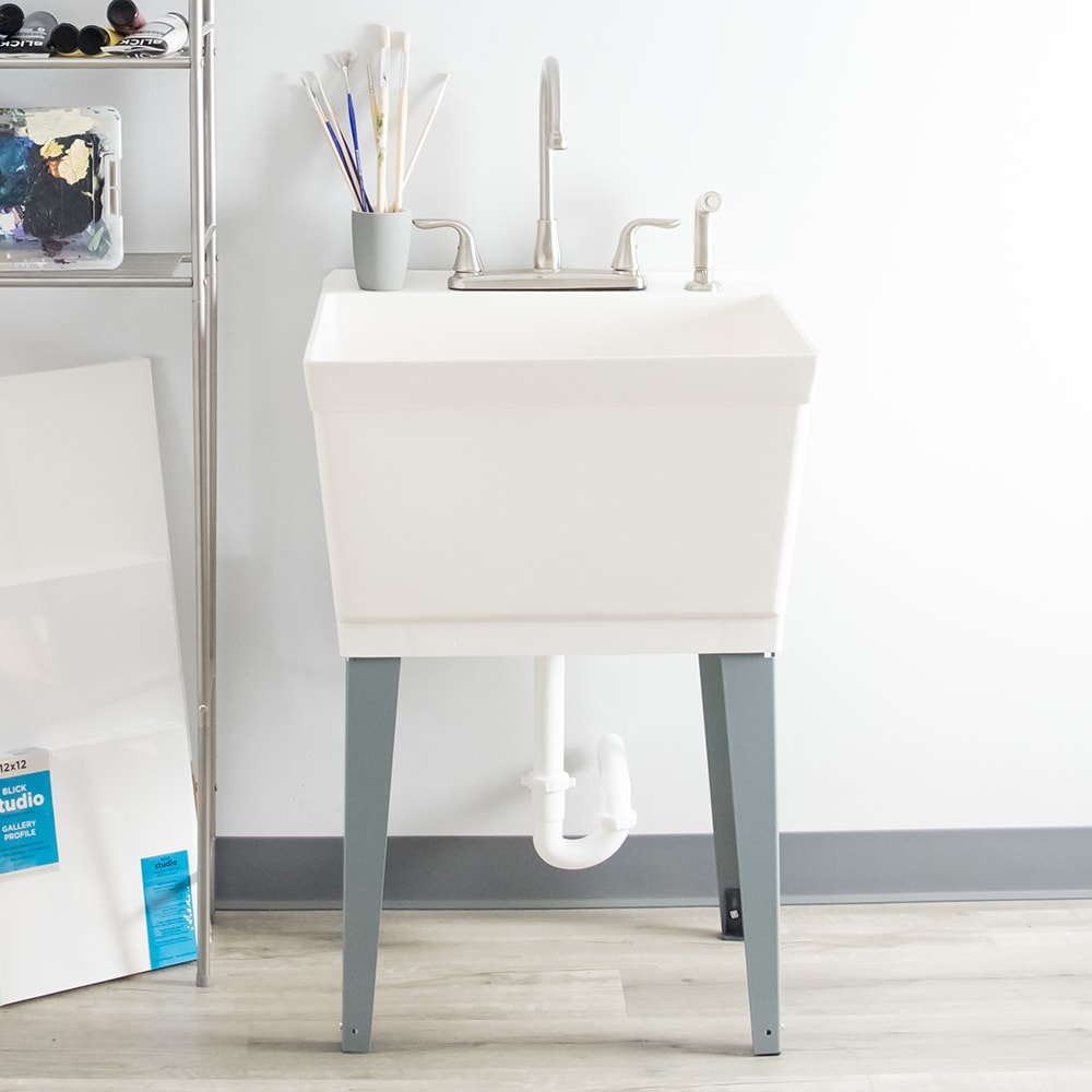 Cambridge Resources White 1-Basin Freestanding Utility Tub with Drain and Faucet