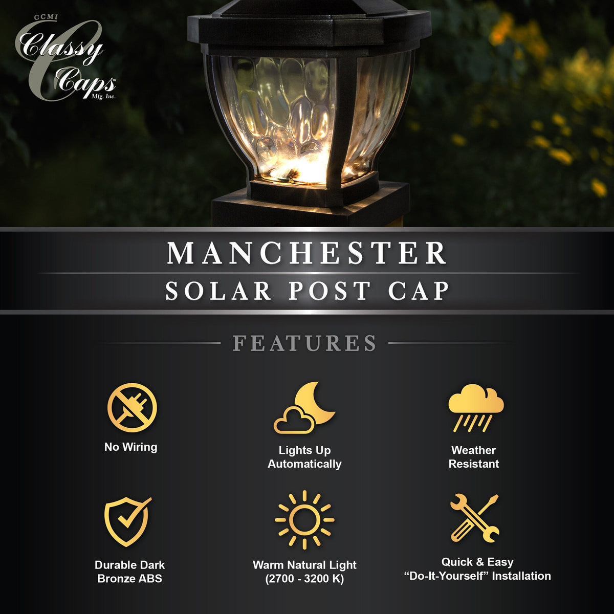 Classy Caps 4-in x 4-in 10-Lumen 0.2-Watt Dark Bronze Solar LED Outdoor Post Cap Light (2700 K)