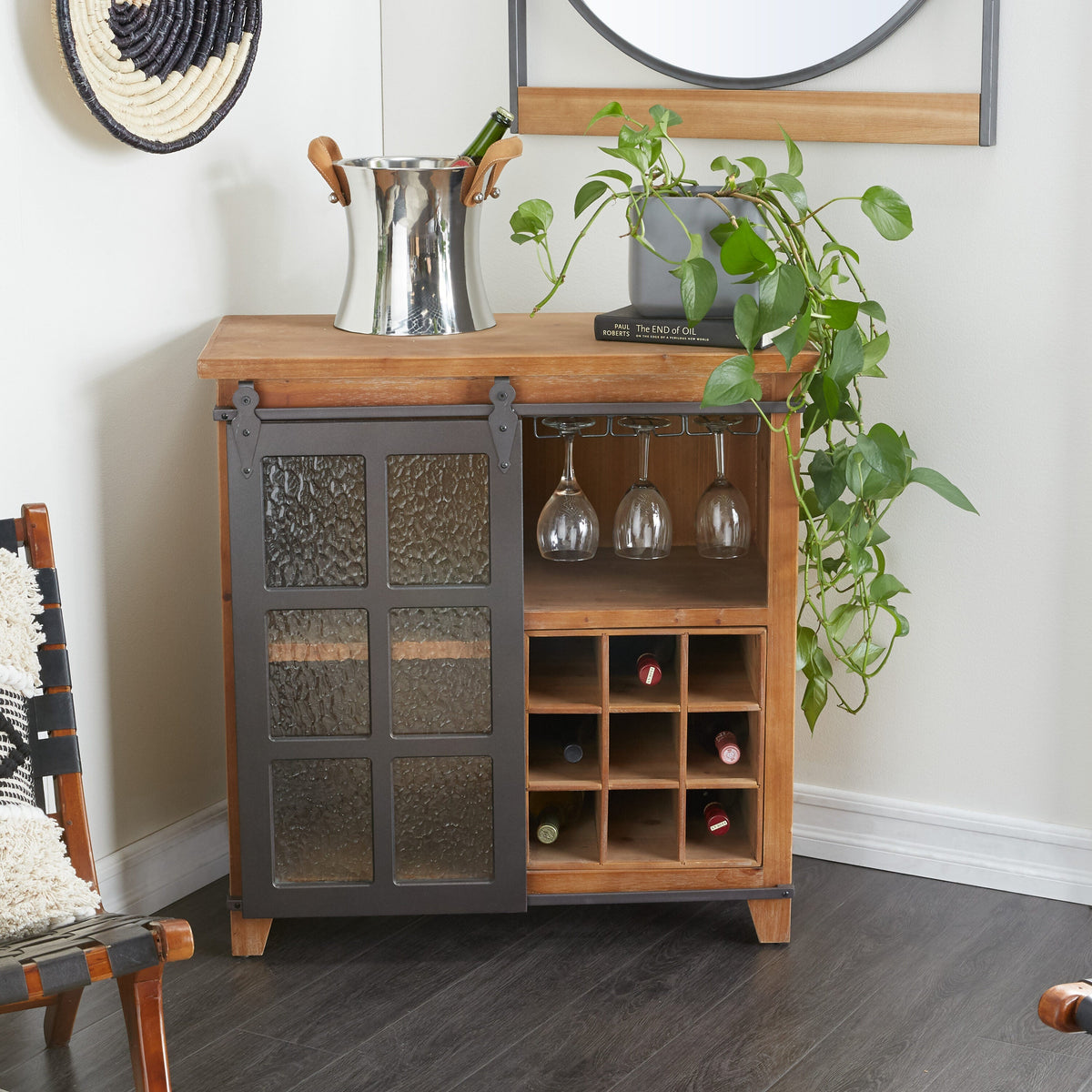 Grayson Lane 31.5-in x 32.5-in Pine Brown Rectangle Bar Cabinet