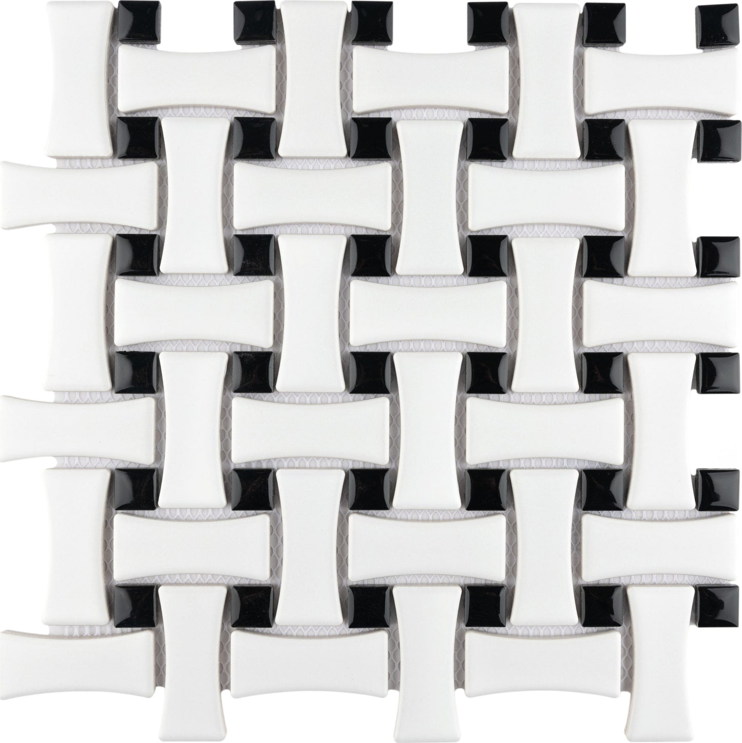 Affinity Tile Metro Dog Bone Basketweave Matte White with Glossy Black Dot 10-in x 10-in Multi-finish Porcelain Mosaic Floor and Wall Tile product image