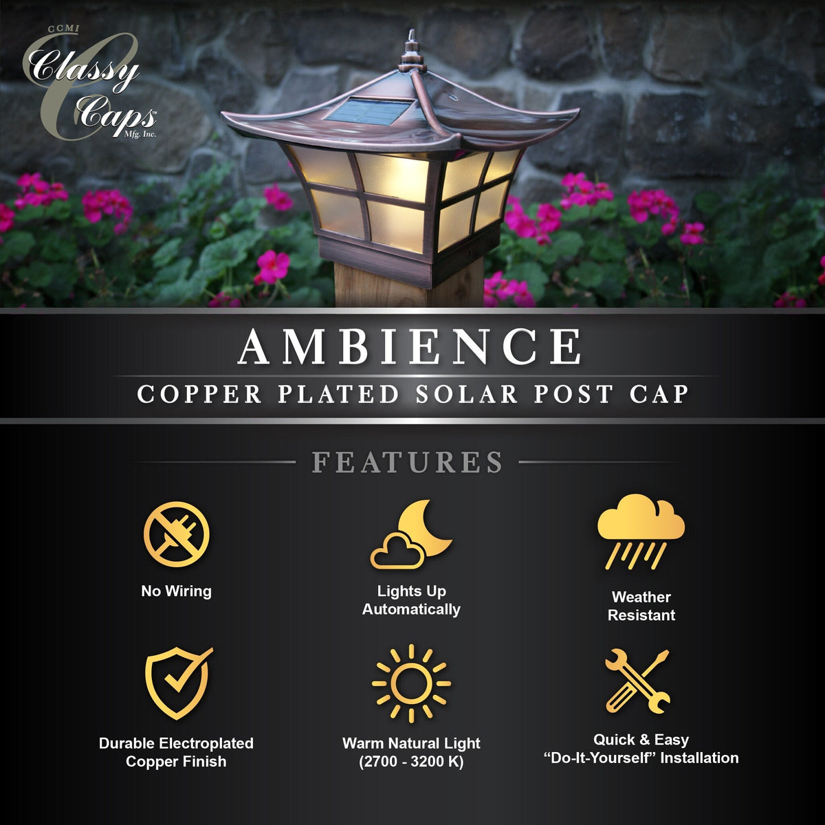 Classy Caps 4-in x 4-in 6-Lumen 1-Watt Electroplated Copper Solar LED Outdoor Post Cap Light (3000 K)