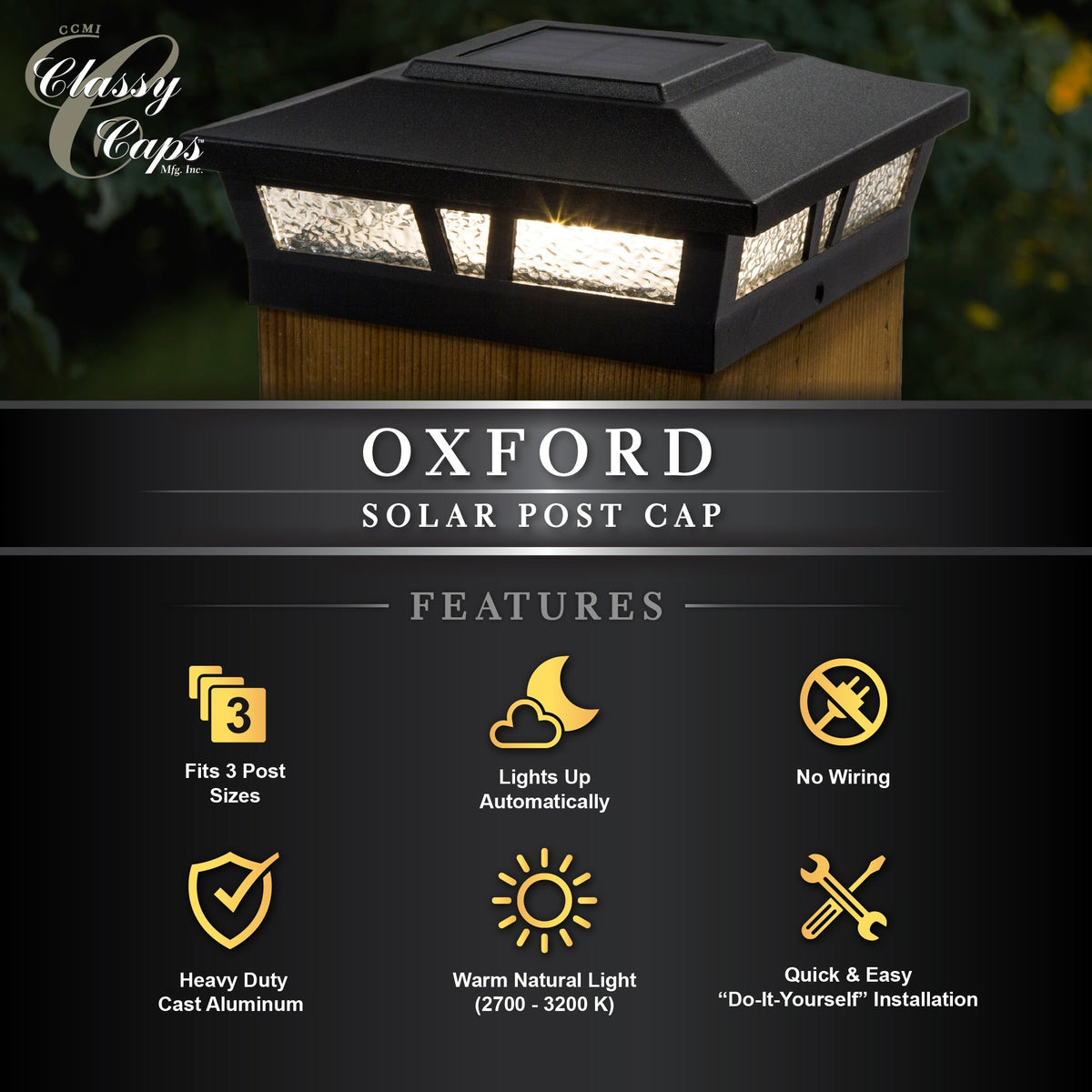 Classy Caps 6-in x 6-in 10-Lumen 0.2-Watt Black Solar LED Outdoor Post Cap Light (2700 K)