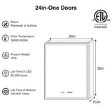 ExBrite Luvia 24-in x 32-in Lighted LED Fog Free Surface/Recessed Mount Silver Mirrored Soft Close Medicine Cabinet with Outlet