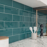 Giorbello (Sample) Glass Subway Dark Teal 3-in x 9-in Glossy Glass Tile