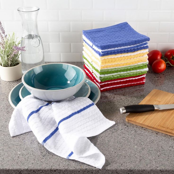 100% Cotton Solid and Striped Waffle Weave Set of 16 Dish Wash Clothes for Kitchen