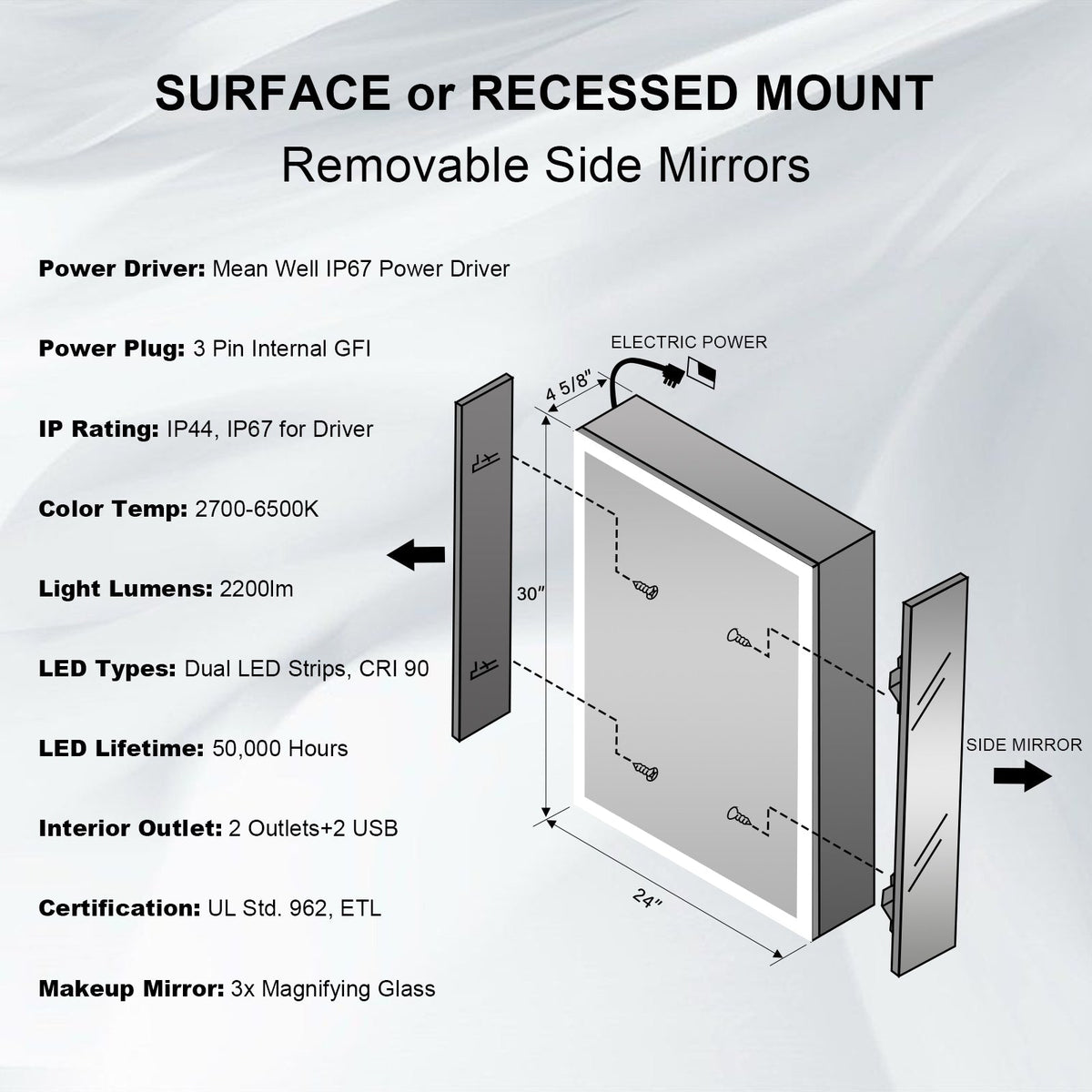 WELLFOR 24-in x 30-in Lighted LED Fog Free Surface/Recessed Mount Aluminum Mirrored Soft Close Medicine Cabinet