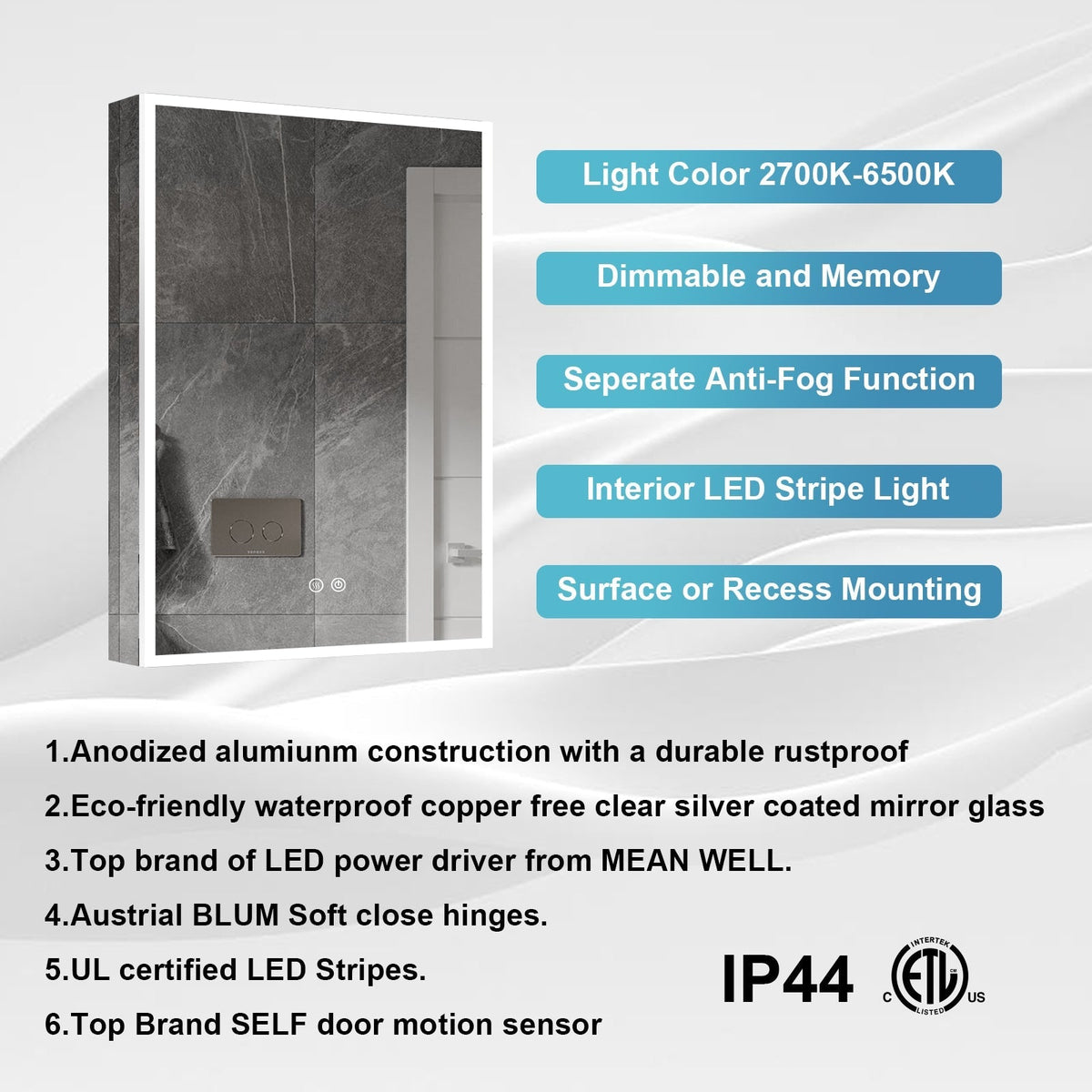 WELLFOR 24-in x 30-in Lighted LED Fog Free Surface/Recessed Mount Aluminum Mirrored Soft Close Medicine Cabinet