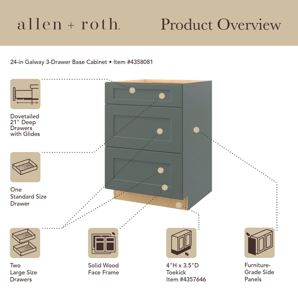 allen + roth Galway 24-in W x 34.5-in H x 24-in D Sage 3-Drawer Base Fully Assembled Cabinet (Flat Panel Style)