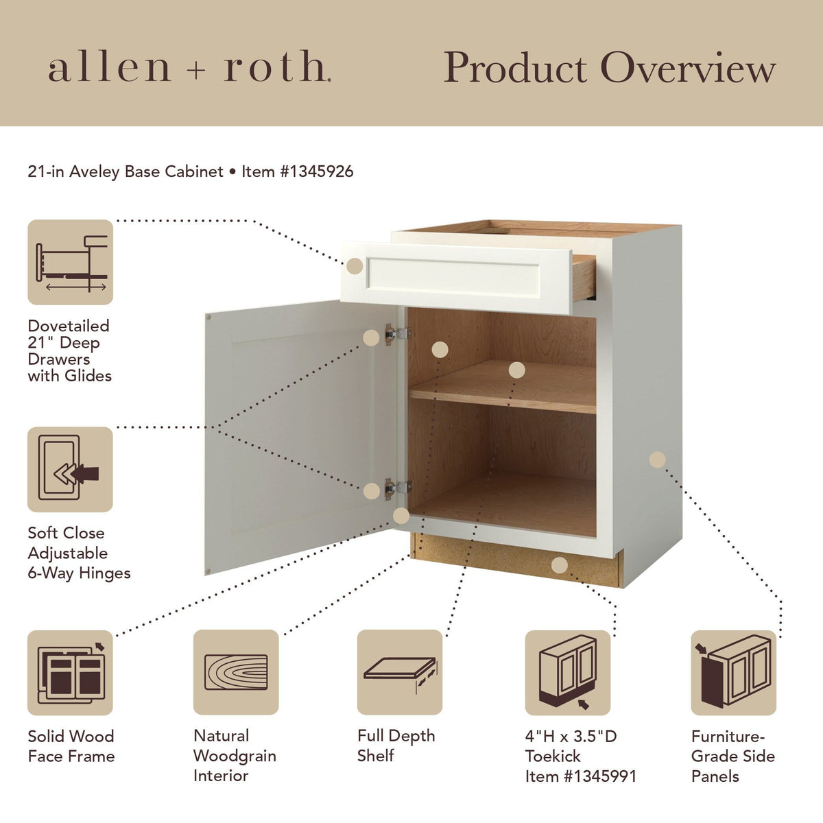 allen + roth Aveley 21-in W x 34.5-in H x 24-in D Linen 1-Drawer Base Fully Assembled Cabinet (Flat Panel Shaker Style)