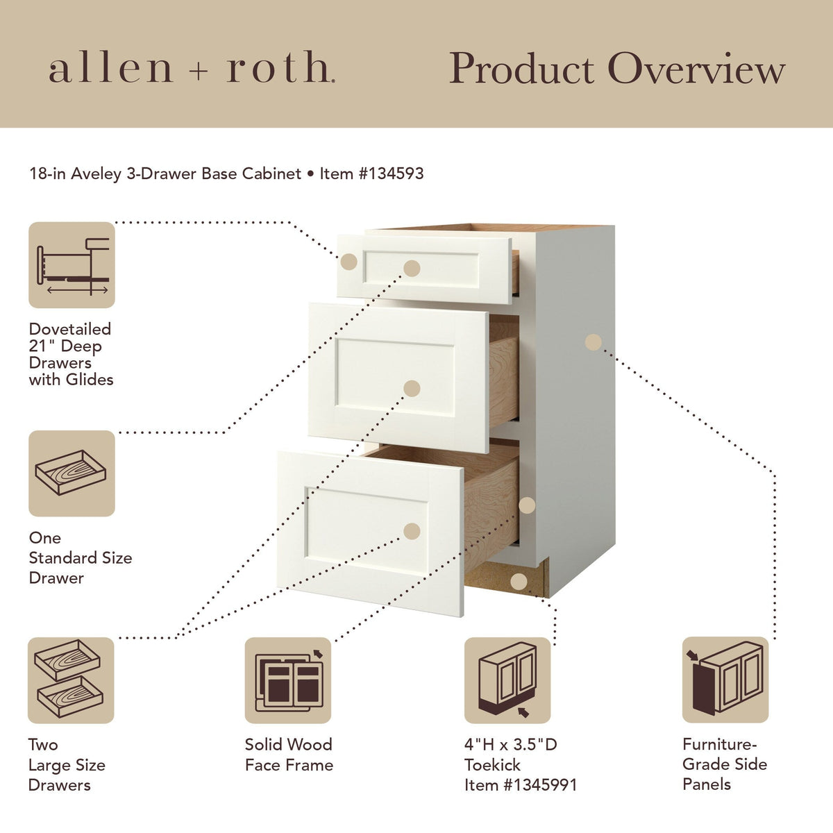 allen + roth Aveley 18-in W x 34.5-in H x 24-in D Linen 3-Drawer Base Fully Assembled Cabinet (Flat Panel Style)