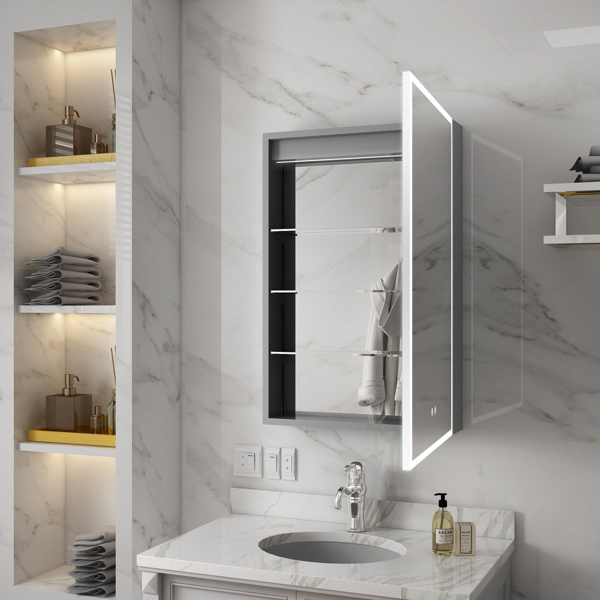 WELLFOR ELIN 20-in x 30-in Lighted LED Fog Free Surface/Recessed Mount Silver Mirrored Soft Close Medicine Cabinet with Outlet