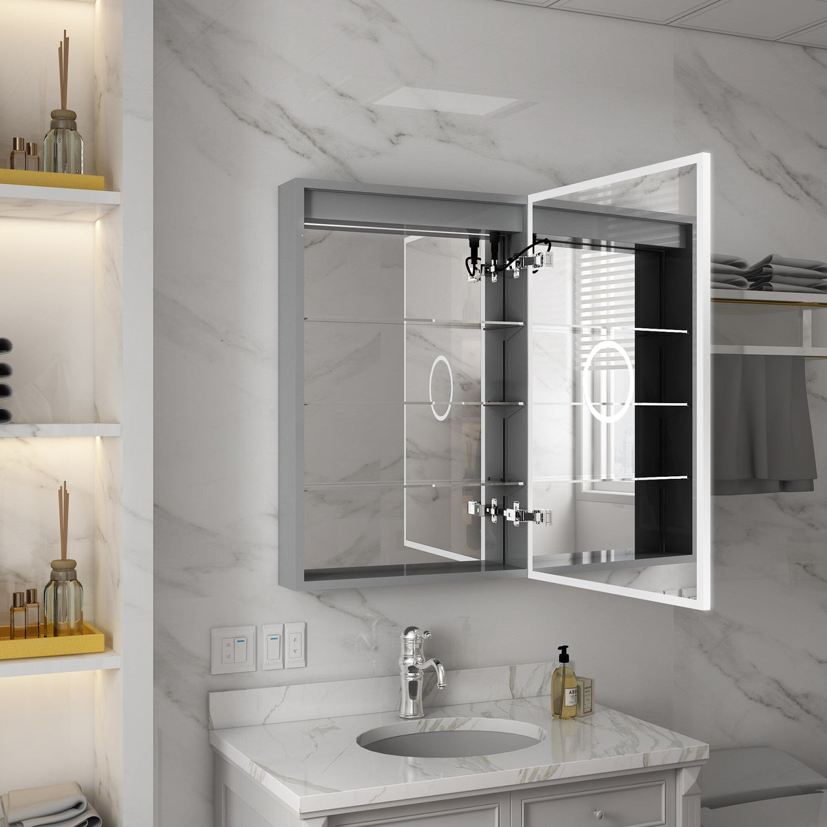 WELLFOR ELIN 20-in x 30-in Lighted LED Fog Free Surface/Recessed Mount Silver Mirrored Soft Close Medicine Cabinet with Outlet