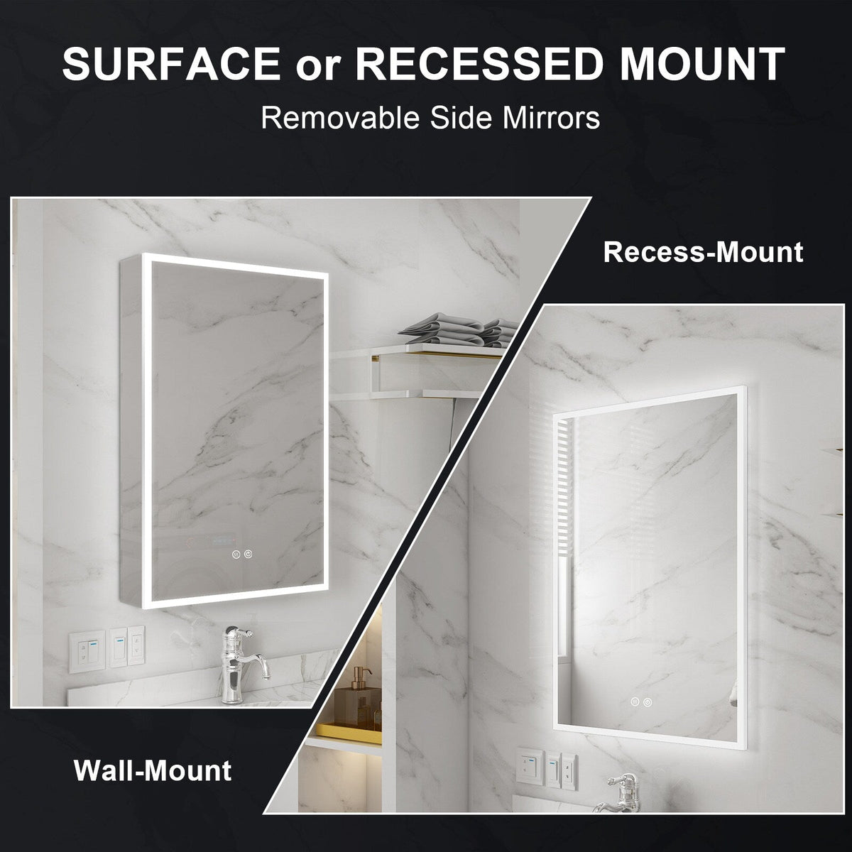 WELLFOR ELIN 20-in x 30-in Lighted LED Fog Free Surface/Recessed Mount Silver Mirrored Soft Close Medicine Cabinet with Outlet