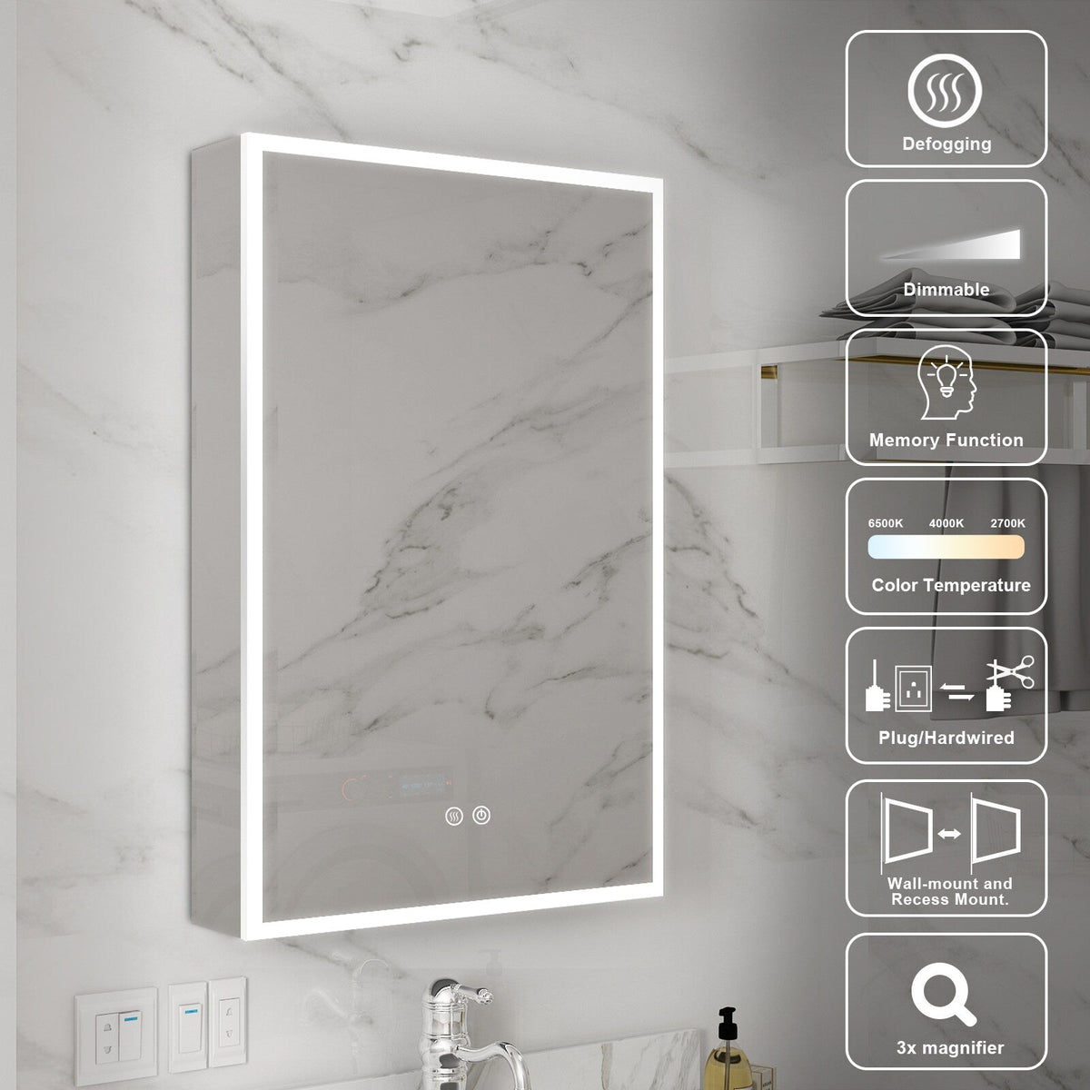 WELLFOR ELIN 20-in x 30-in Lighted LED Fog Free Surface/Recessed Mount Silver Mirrored Soft Close Medicine Cabinet with Outlet