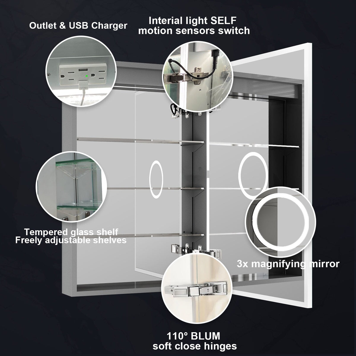 WELLFOR ELIN 20-in x 30-in Lighted LED Fog Free Surface/Recessed Mount Silver Mirrored Soft Close Medicine Cabinet with Outlet