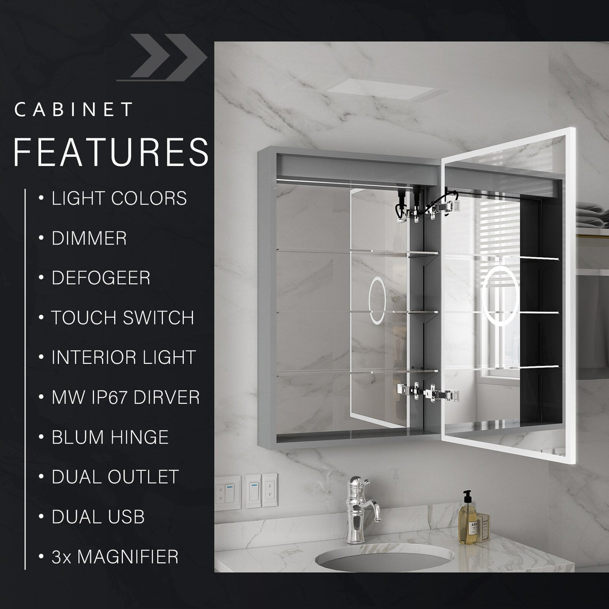 WELLFOR ELIN 20-in x 30-in Lighted LED Fog Free Surface/Recessed Mount Silver Mirrored Soft Close Medicine Cabinet with Outlet