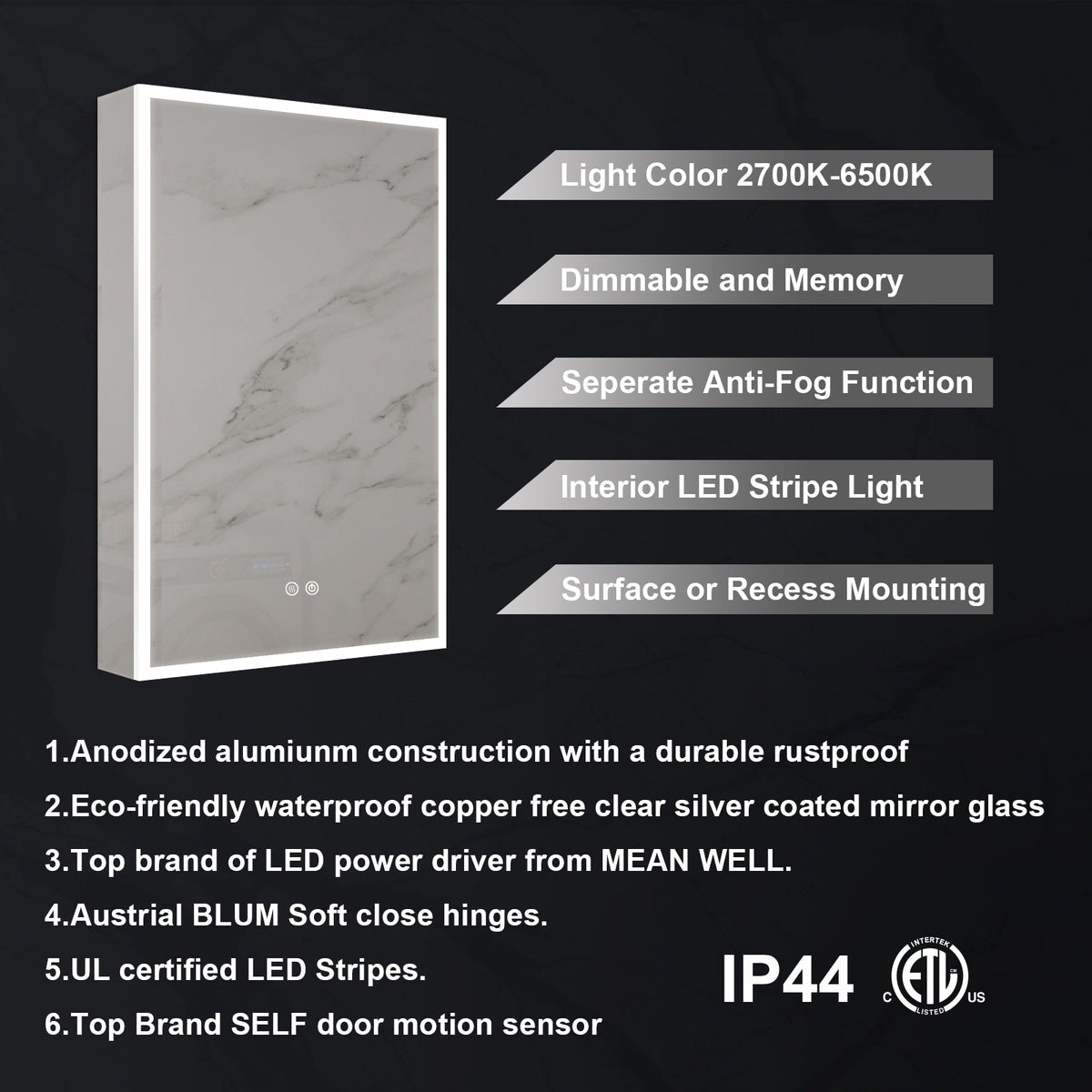 WELLFOR ELIN 20-in x 30-in Lighted LED Fog Free Surface/Recessed Mount Silver Mirrored Soft Close Medicine Cabinet with Outlet