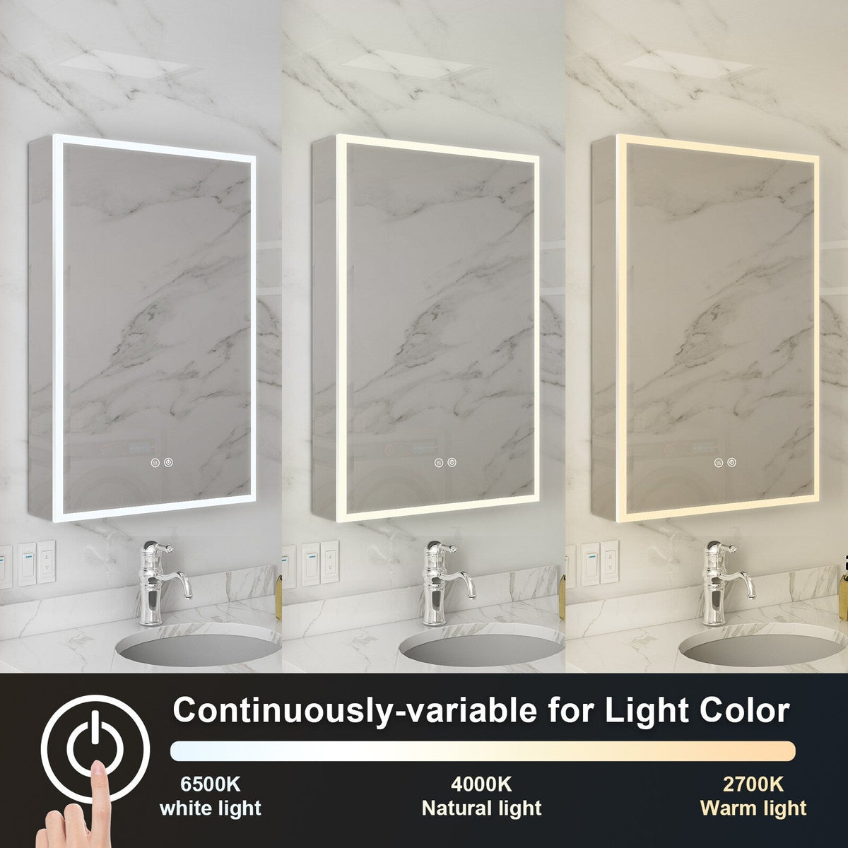 WELLFOR ELIN 20-in x 30-in Lighted LED Fog Free Surface/Recessed Mount Silver Mirrored Soft Close Medicine Cabinet with Outlet