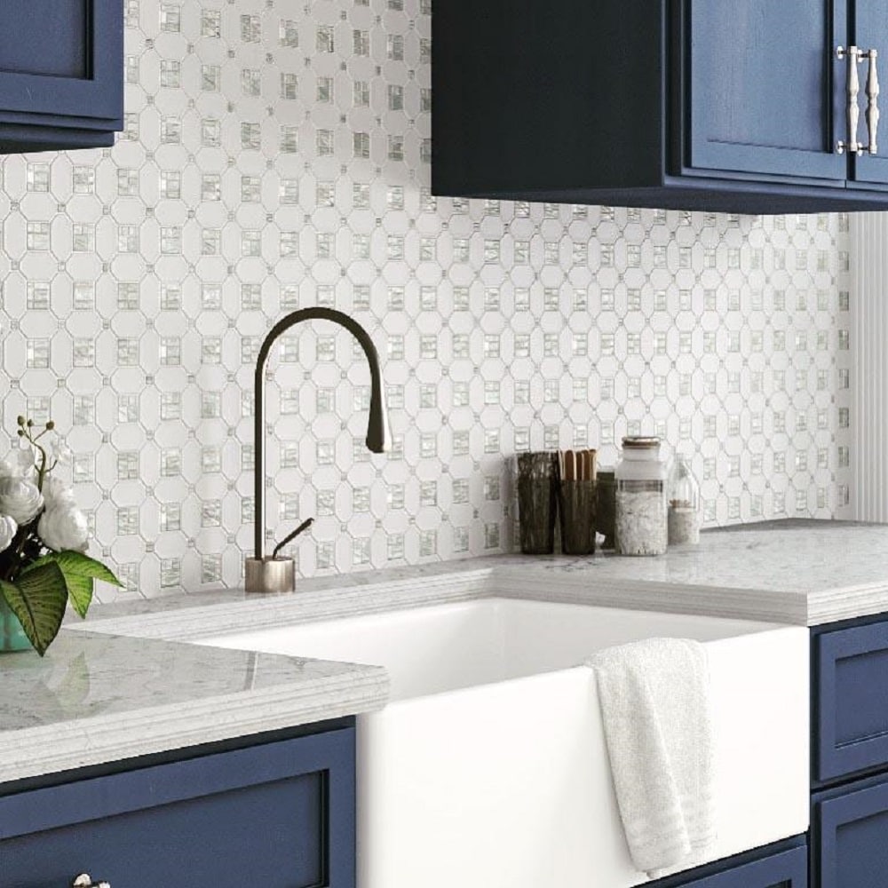 Apollo Tile (Sample) Winterland Pearl White 12-in x 12-in Polished Marble Octagon Dot Patterned Floor and Wall Tile