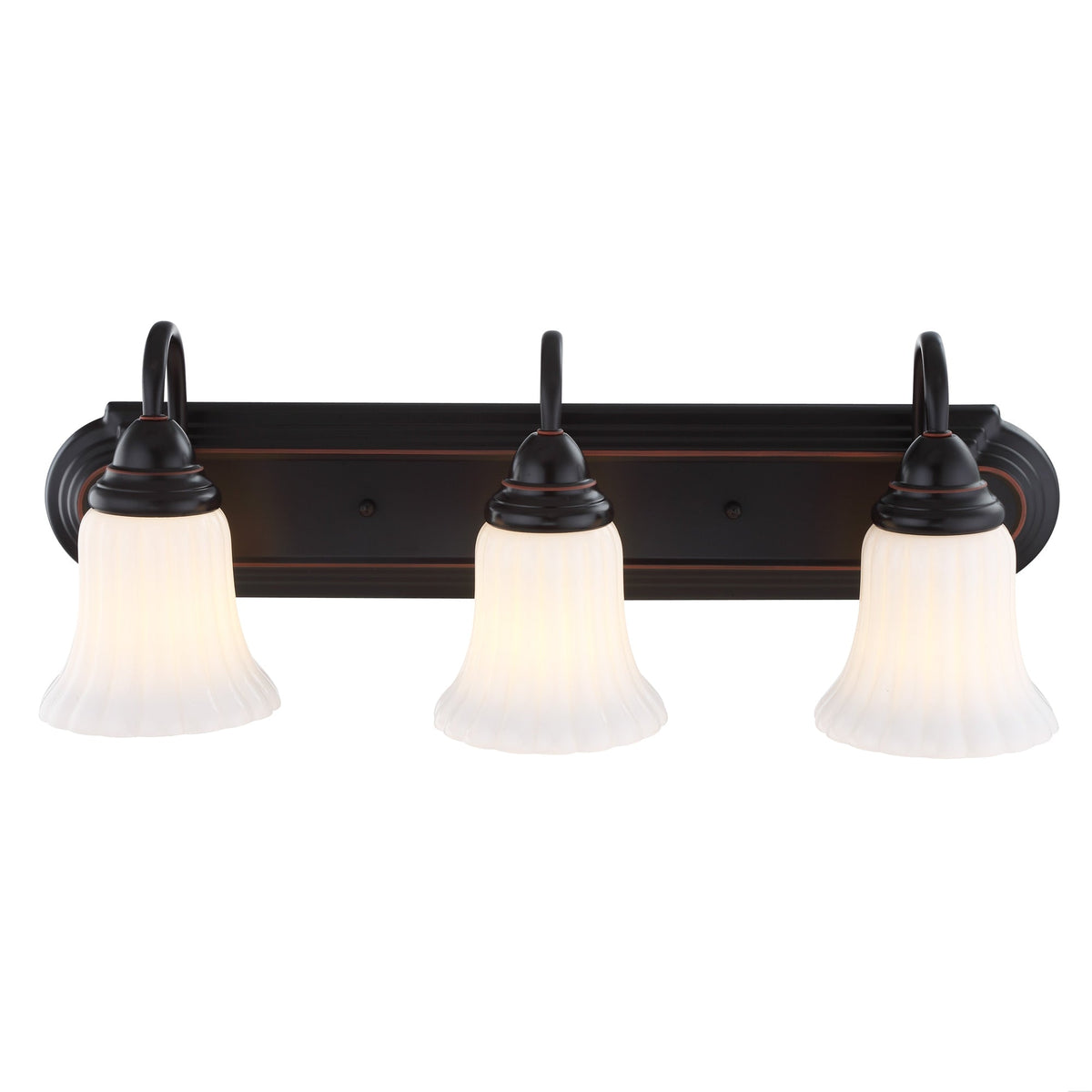 Portfolio Shaker Park 3-Light 24.09-in Oil-Rubbed Bronze Vanity Light with White Glass Shades