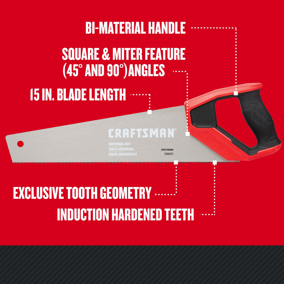 CRAFTSMAN 15-in Medium Cut Hand Saw, Bi-Material Handle, Induction-Hardened Teeth