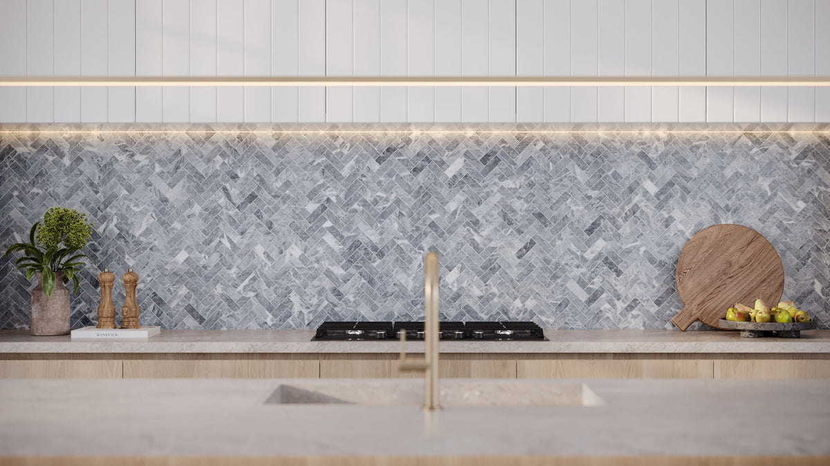 Satori Cielo Sterling 11-in x 11-in Honed Natural Marble Herringbone Mosaic Floor and Wall Tile (0.893-sq ft per Piece)