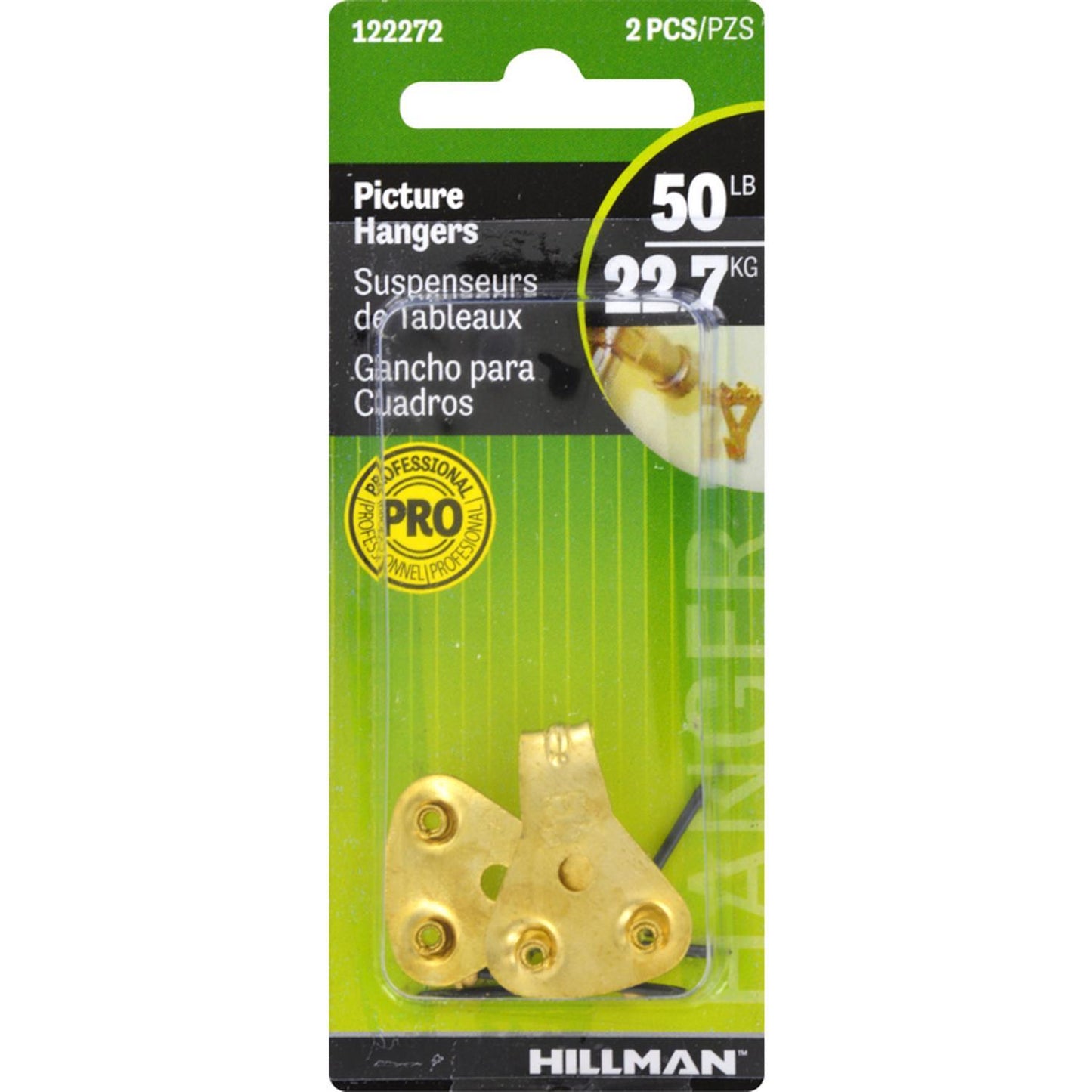 Hillman AnchorWire Brass-Plated Classic Picture Hanger, 50 lb Capacity, 2-Pack