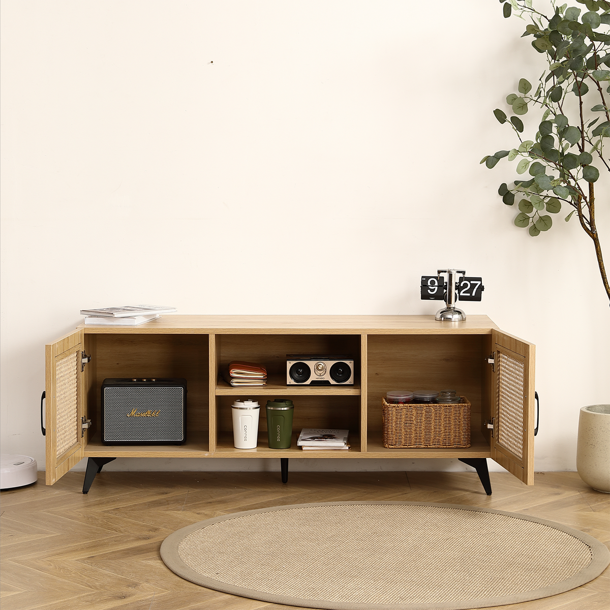 GZMR Oak TV Cabinet with Rattan Net Modern/Contemporary Oak Tv Cabinet (Accommodates)