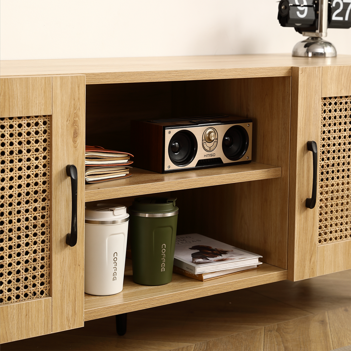 GZMR Oak TV Cabinet with Rattan Net Modern/Contemporary Oak Tv Cabinet (Accommodates)