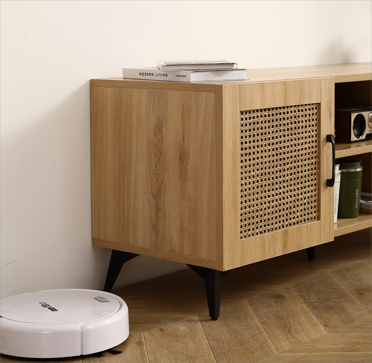 GZMR Oak TV Cabinet with Rattan Net Modern/Contemporary Oak Tv Cabinet (Accommodates)