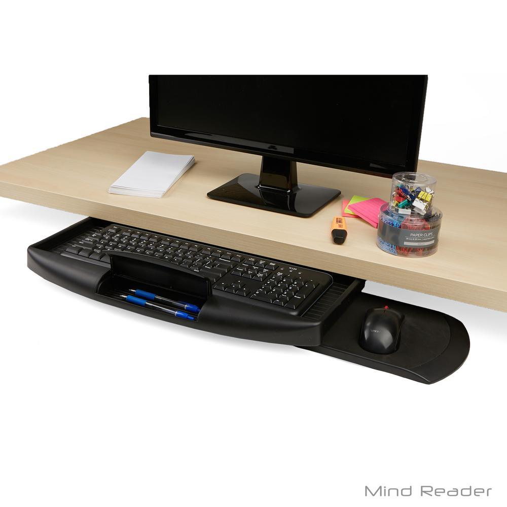 Under Desk Keyboard Holder with Closable Writing Utensil Compartment, Black - Super Arbor