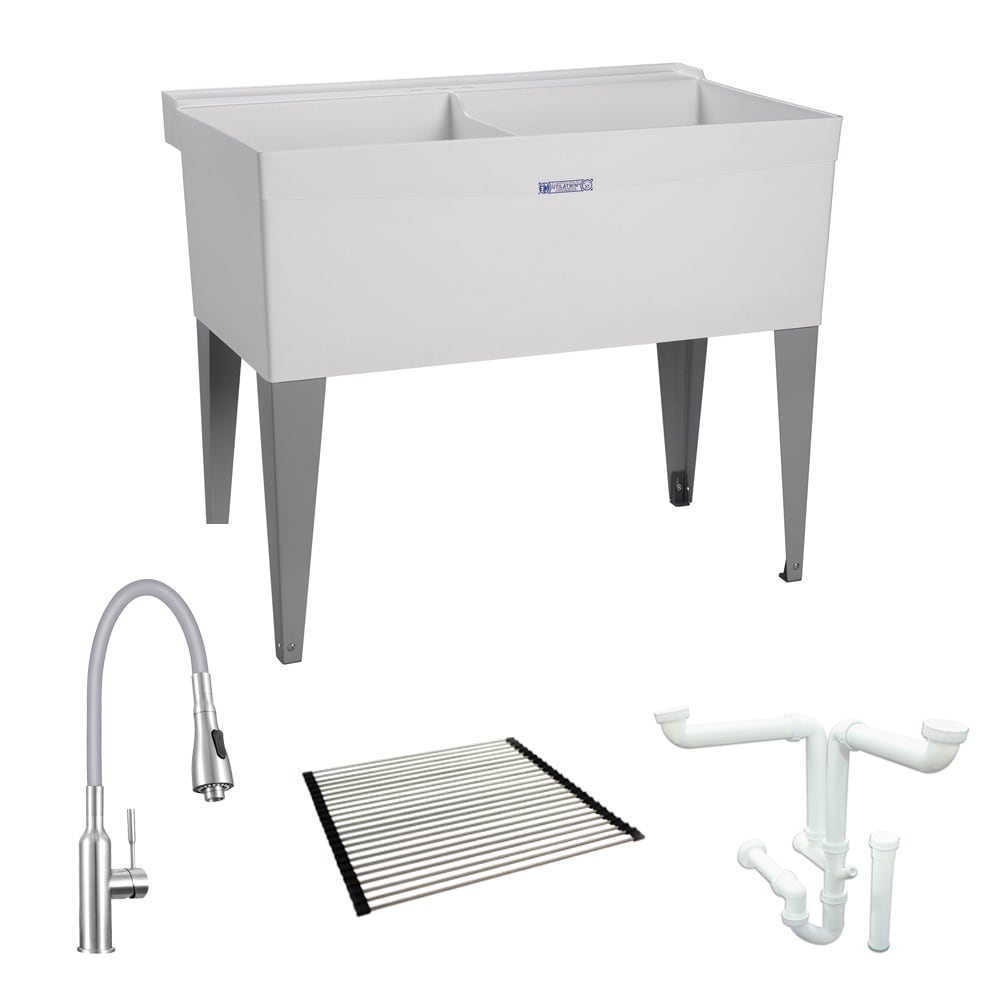 Mustee 25-in x 40-in Freestanding Two-Basin Laundry Sink with Drain and Faucet